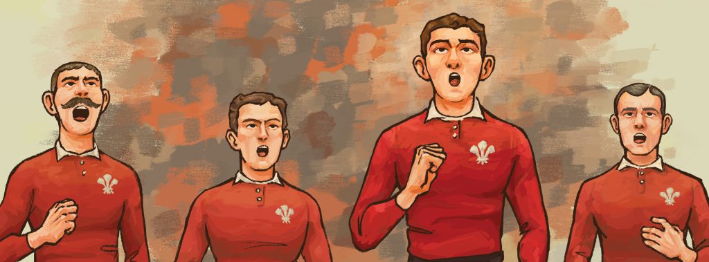 Teddy Morgan leads the national anthem for Wales in 1905 against the All Blacks