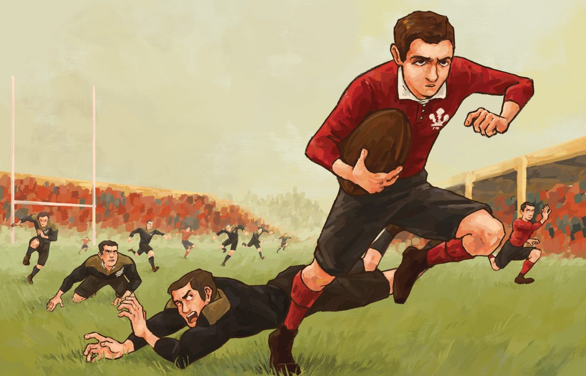 Teddy Morgan scores against the 1905 All Blacks for Wales